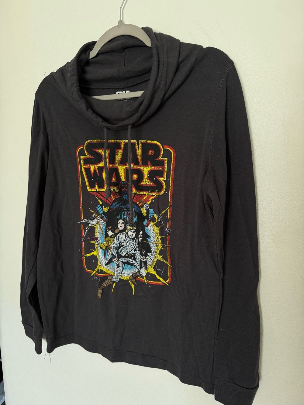 Star Wars Chacoal Long-Sleeve Cowl-Neck Graphic Tee with Retro Multi-Color Logo